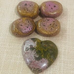 Pink and Olive Jasper Heart Pendant + Ceramic Beads